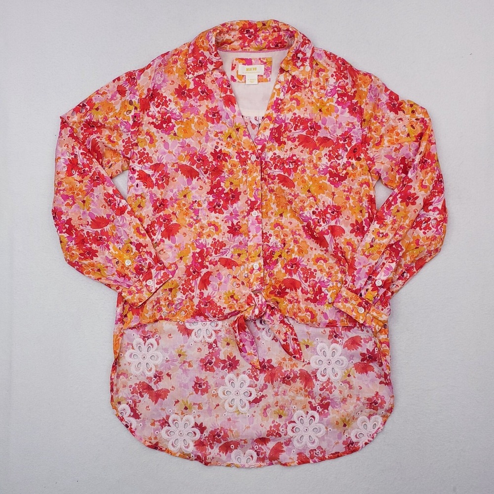Maeve Shirt Womens XS Pink Floral Hi Lo Tie Front Eyelet Blouse Anthropologie